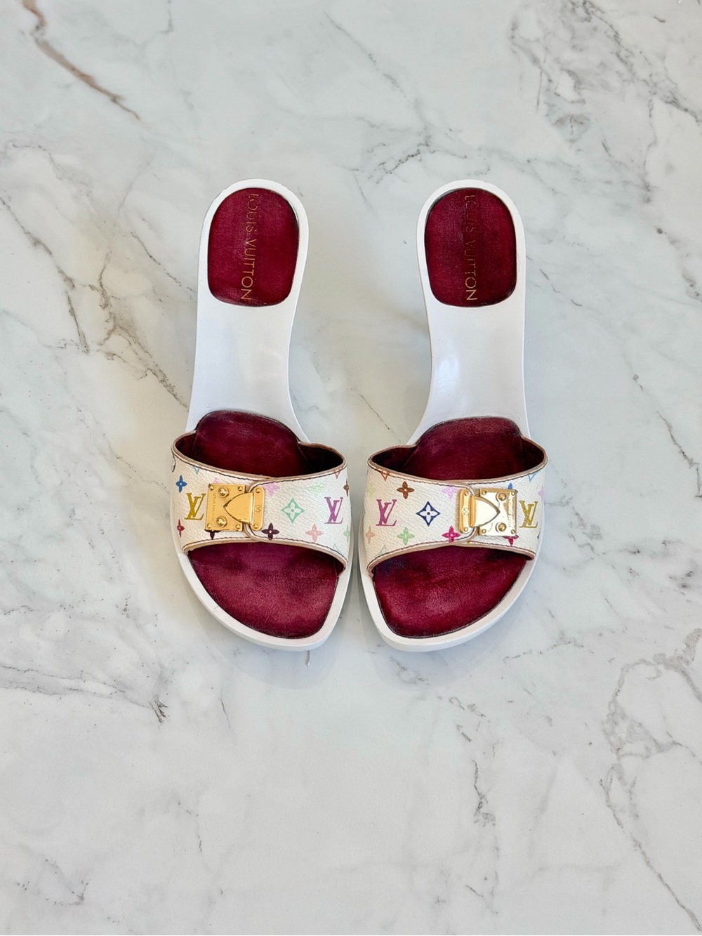 2002 Murakami Louis Vuitton White Multicolor Monogram Gold Buckle Mules - Picture 2 of 8